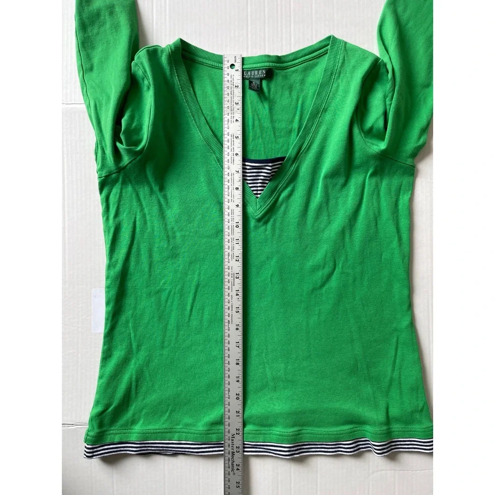 Lauren Ralph Lauren Green V‎ Neck Layered Top XL Cotton